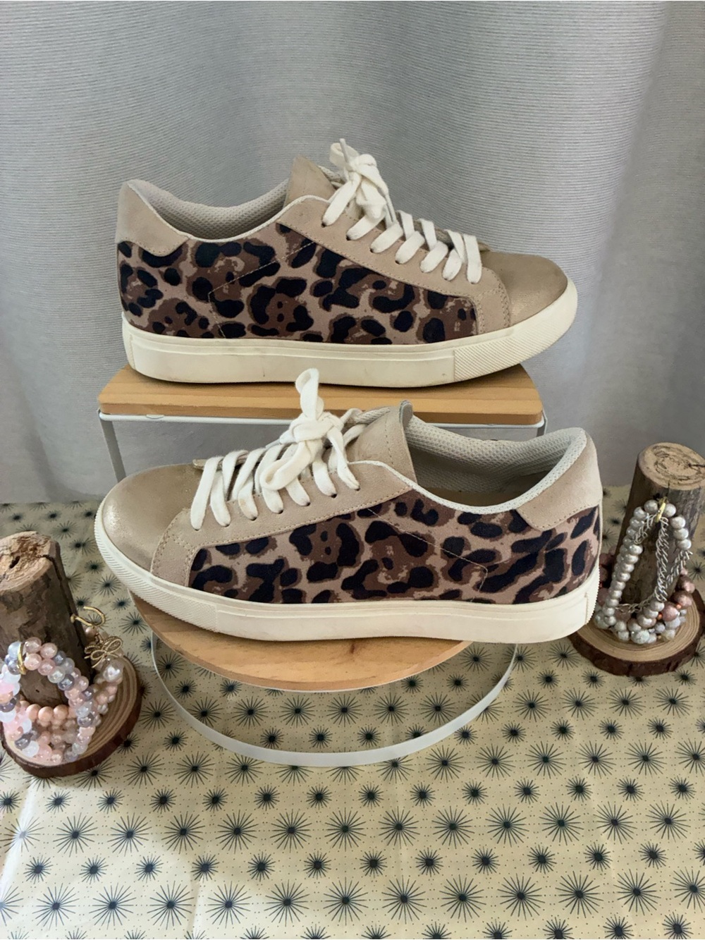 Isaac Mizrahi Beige and Leopard Print Low-Top Sneakers - Picture 2 of 8
